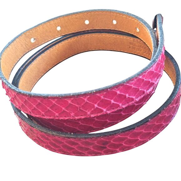 Genuine Snakeskin Belt Chrome Buckle Apple Acc of DE NY Magenta VTG 1970s Sz L - Picture 6 of 16